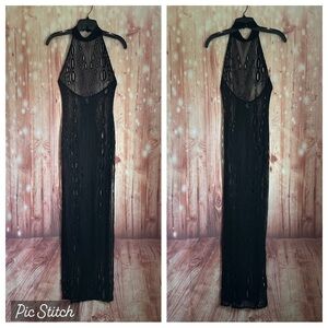 Auditions Black Open Neck Crochet Halter Neck Nightgown